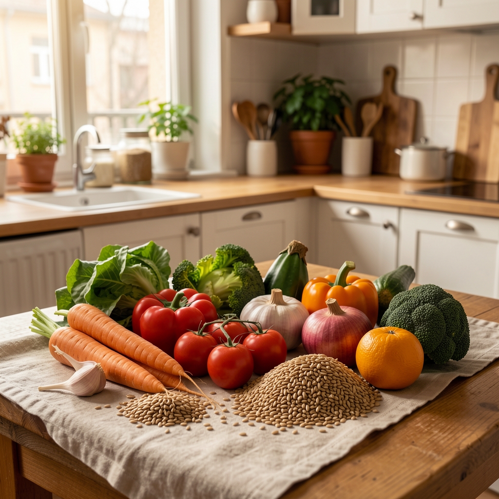 Neatly arranged seasonal vegetables and whole grains on a linen cloth in a Bucharest kitchen setting, warm natural light
