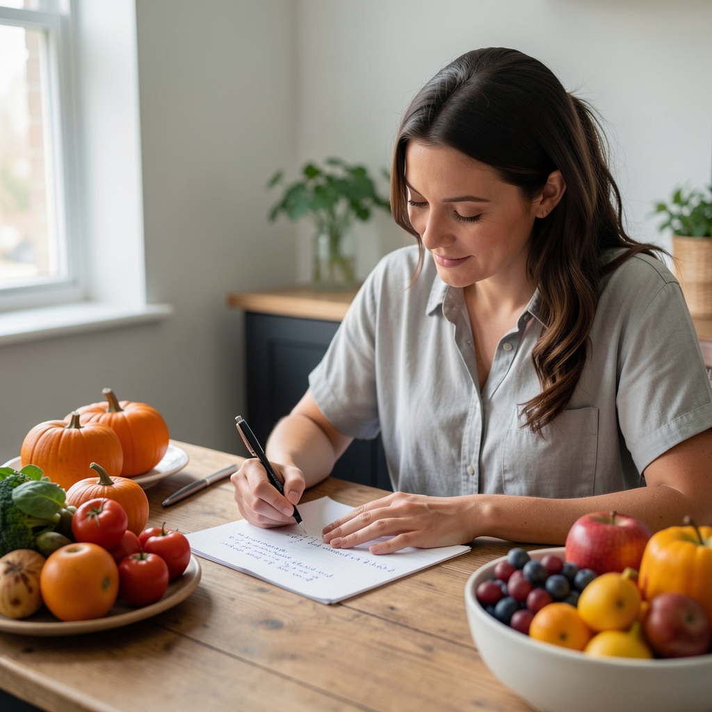 Qualified nutrition professional reviewing handwritten food intake notes at a wooden desk with seasonal produce nearby
