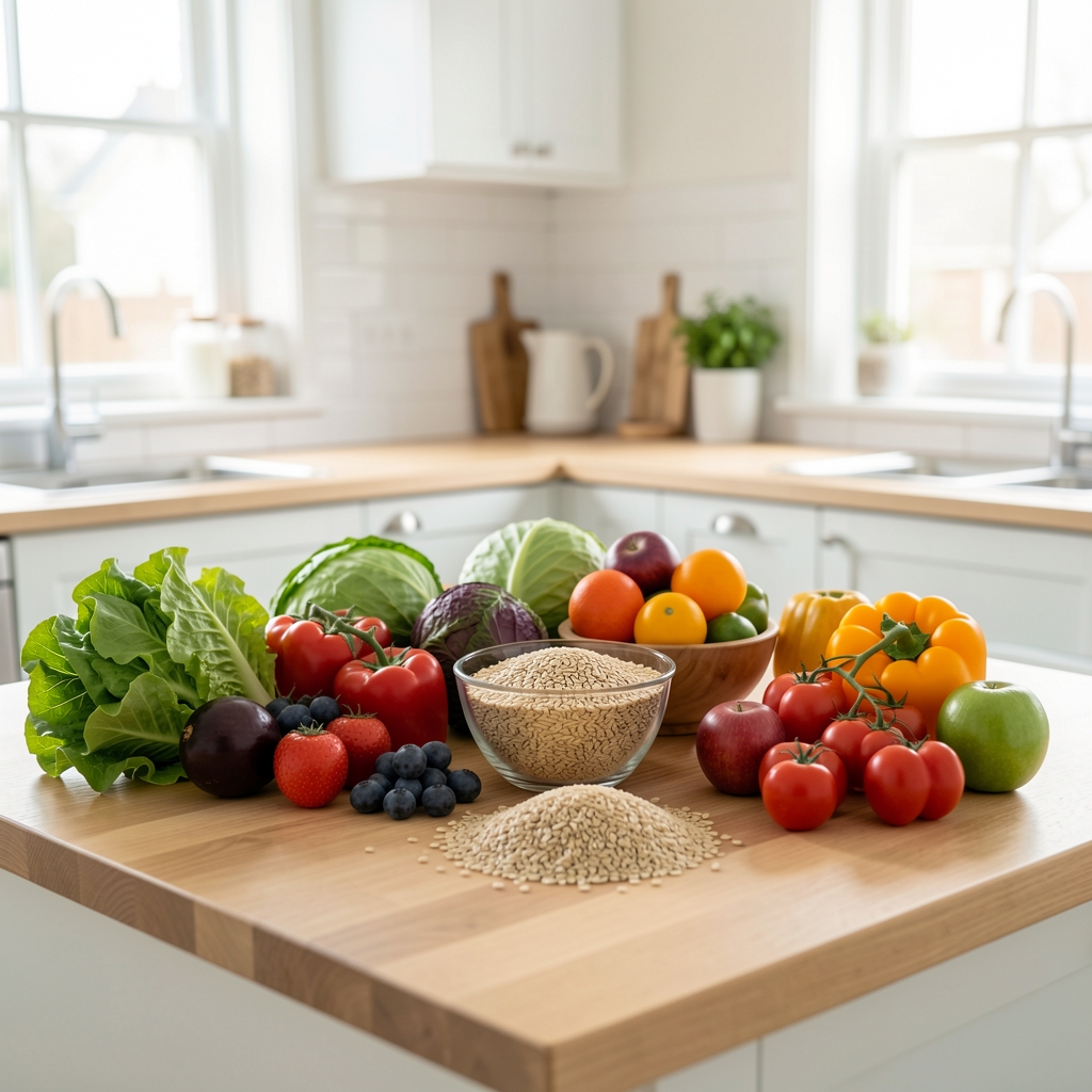 Bright kitchen workspace with fresh seasonal vegetables, whole grains, and colourful produce arranged on a clean wooden surface
