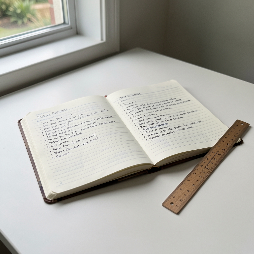Open food diary with handwritten meal notes and a ruler placed beside it on a clean desk with natural light from a window
