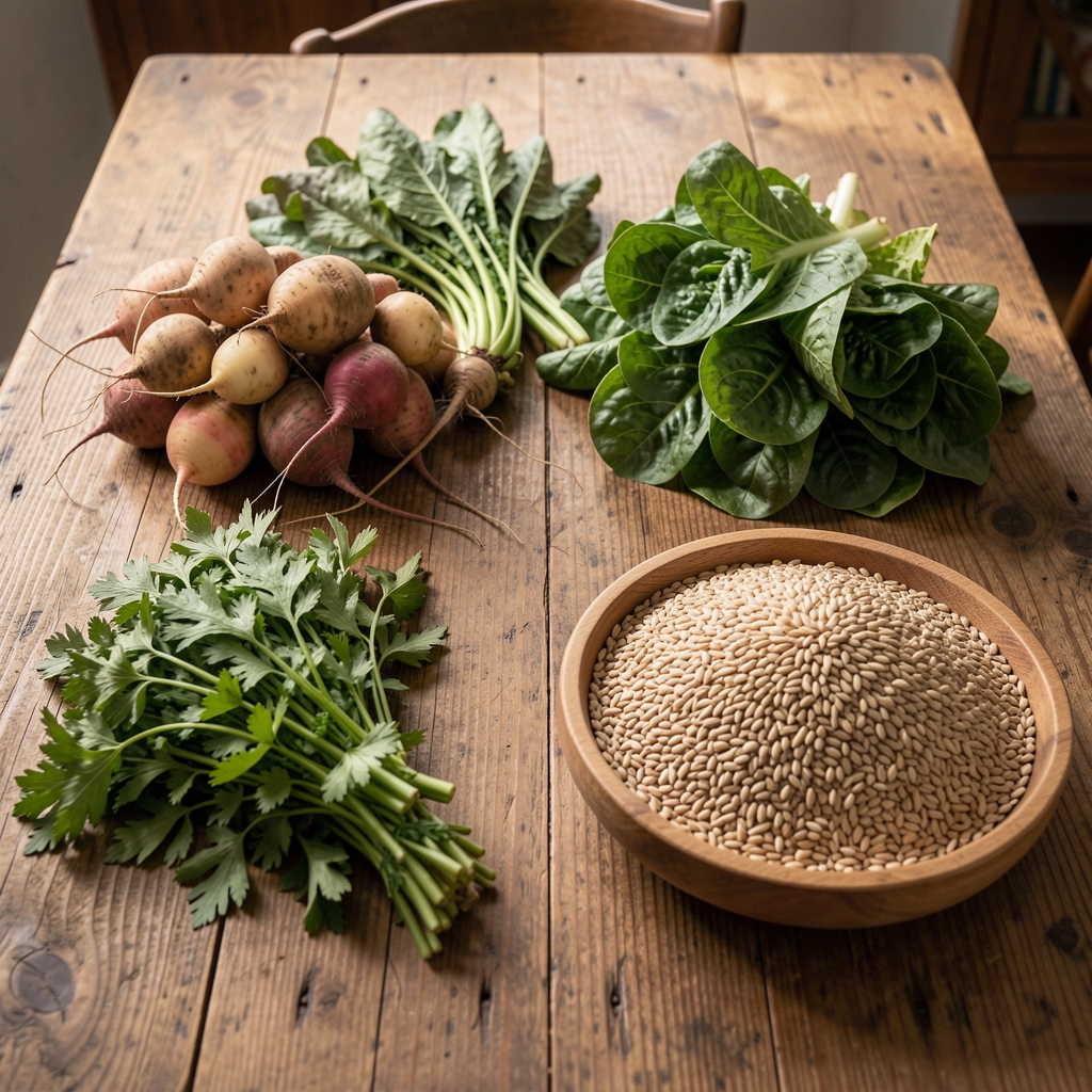 Seasonal produce arranged by category on a large wooden table — root vegetables, leafy greens, and whole grains in separate groups