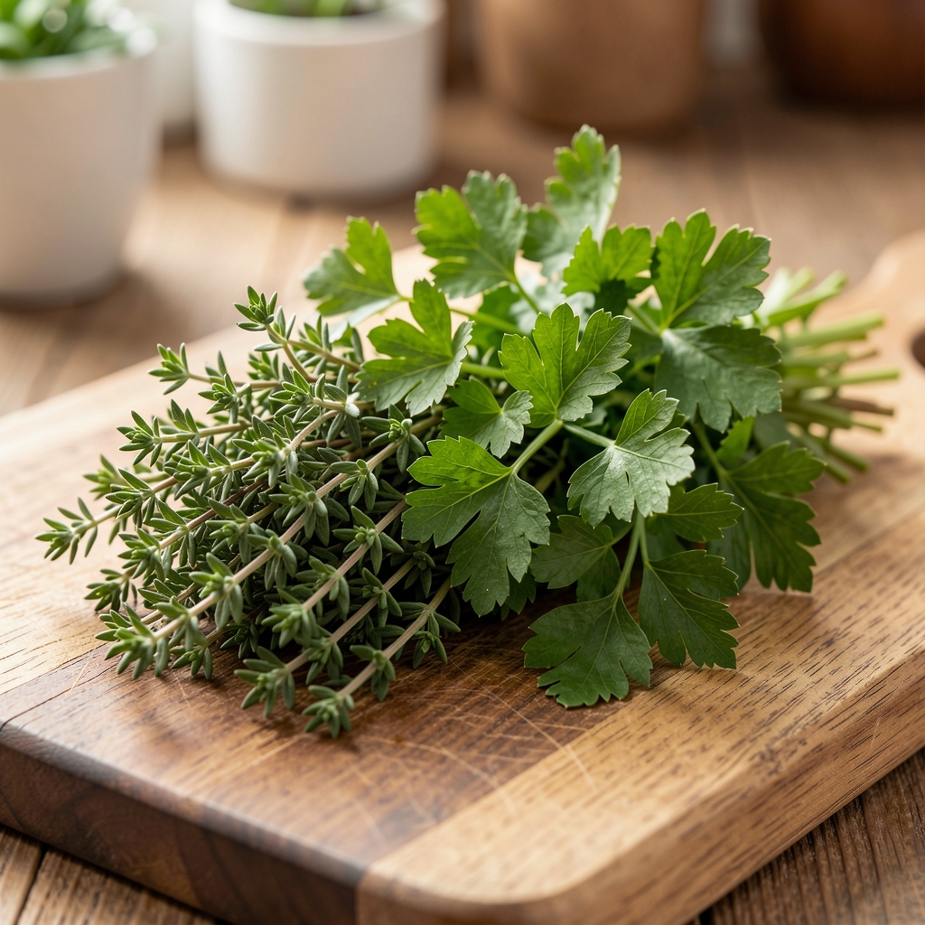 Close-up of fresh garden herbs, thyme and parsley, bundled on a wooden chopping board with natural light
