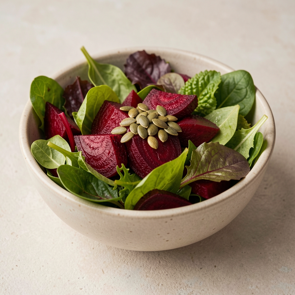 Colourful bowl of mixed leafy greens, roasted beetroot, and pumpkin seeds on a light ceramic surface