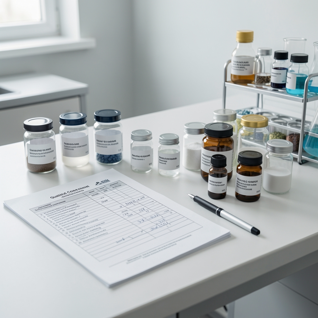 Quality-control workspace with small glass supplement containers, batch documentation sheets, and a clean light environment