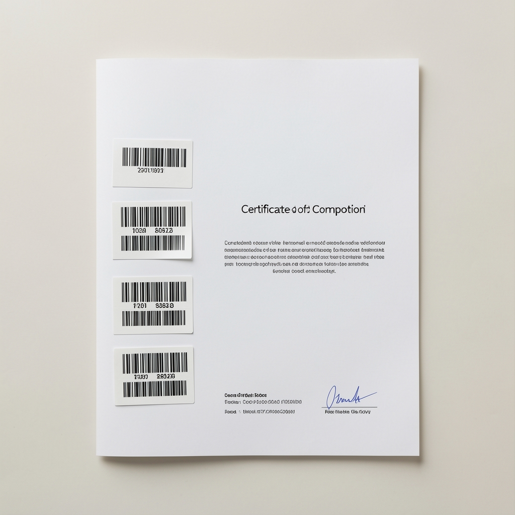 Batch documentation sheet with barcode labels and a certificate of composition on a light background
